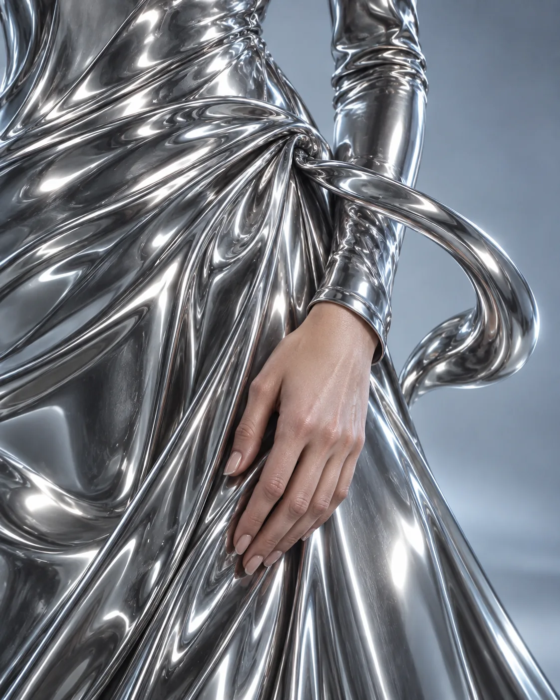 Detail of reflective silver fabric and sculptural metal