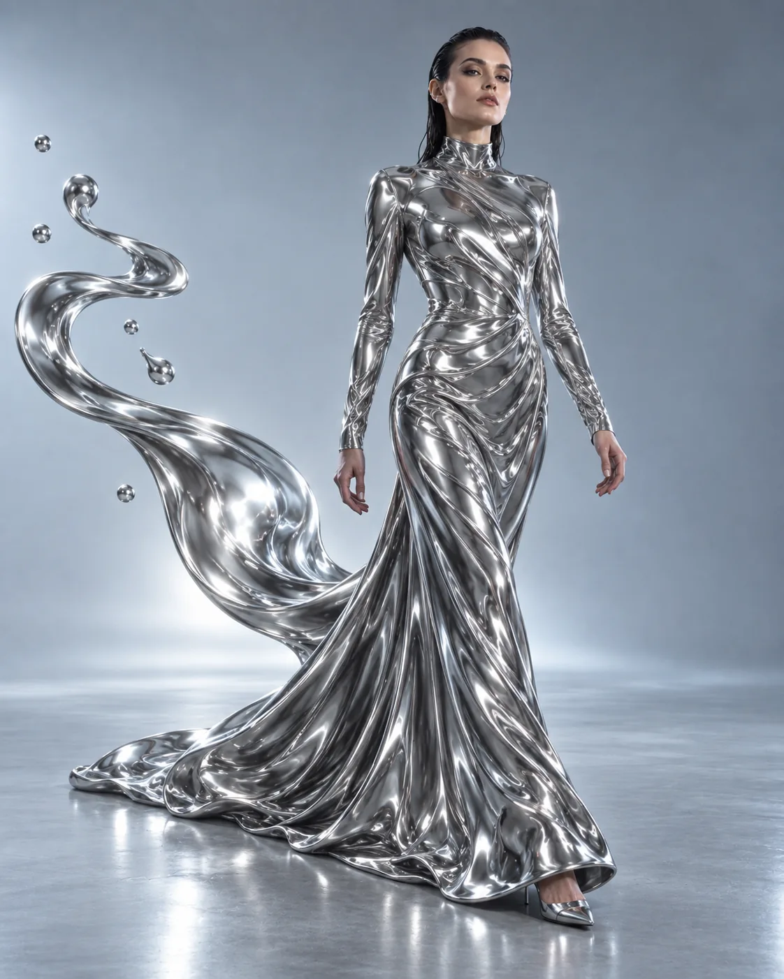 Full-length silver fashion portrait with liquid metal sculpture