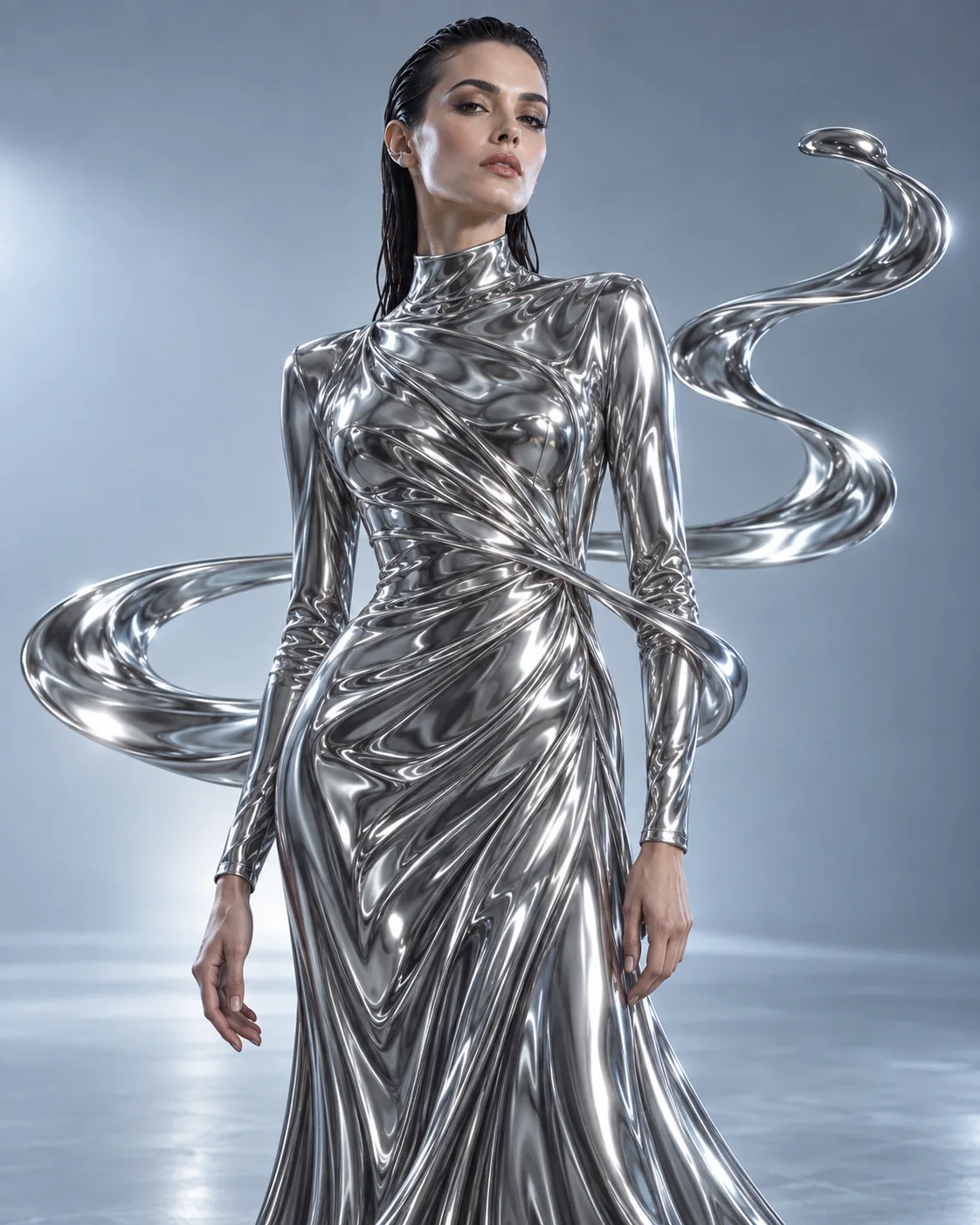 Fashion portrait in a fluid silver gown with sculptural chrome ribbons