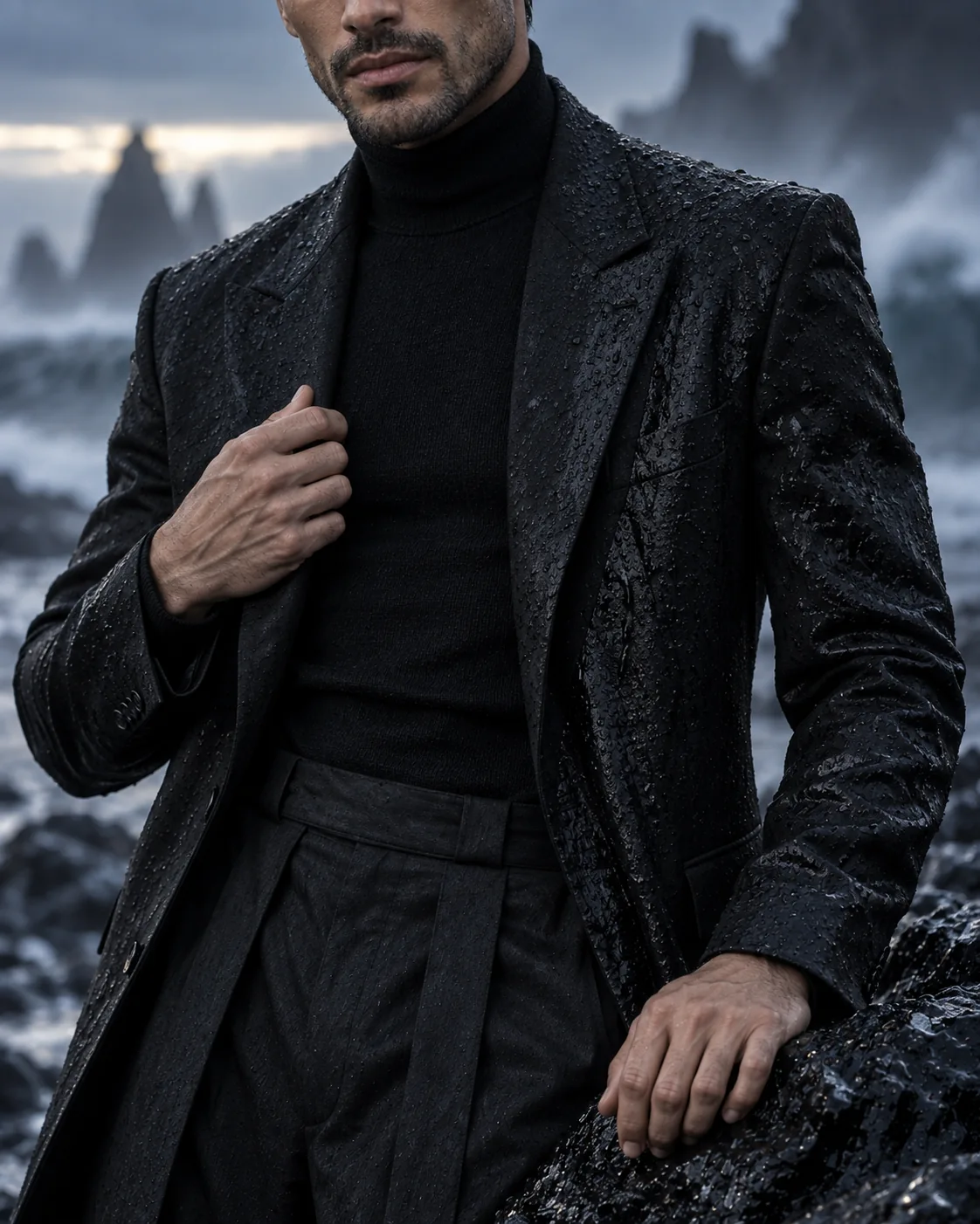 Detail of dark coat and character portrait