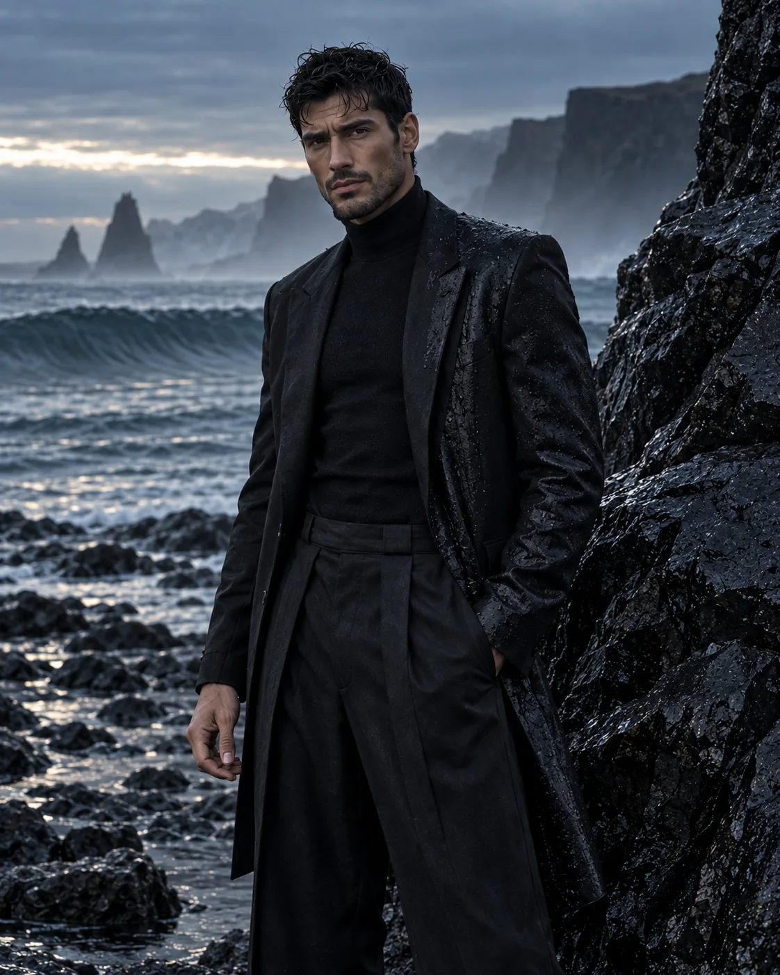 Portrait standing beside dark coastal rock