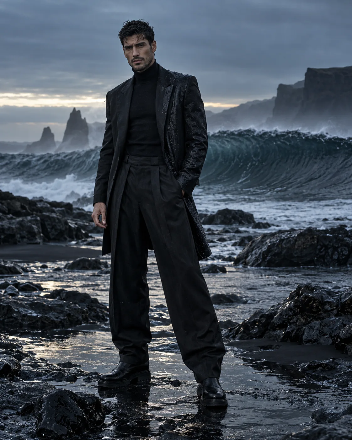 Man in black tailoring on a volcanic coastline