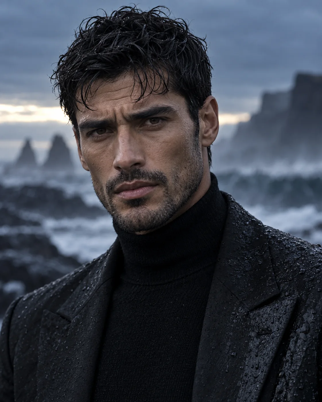 Close portrait against a stormy seascape