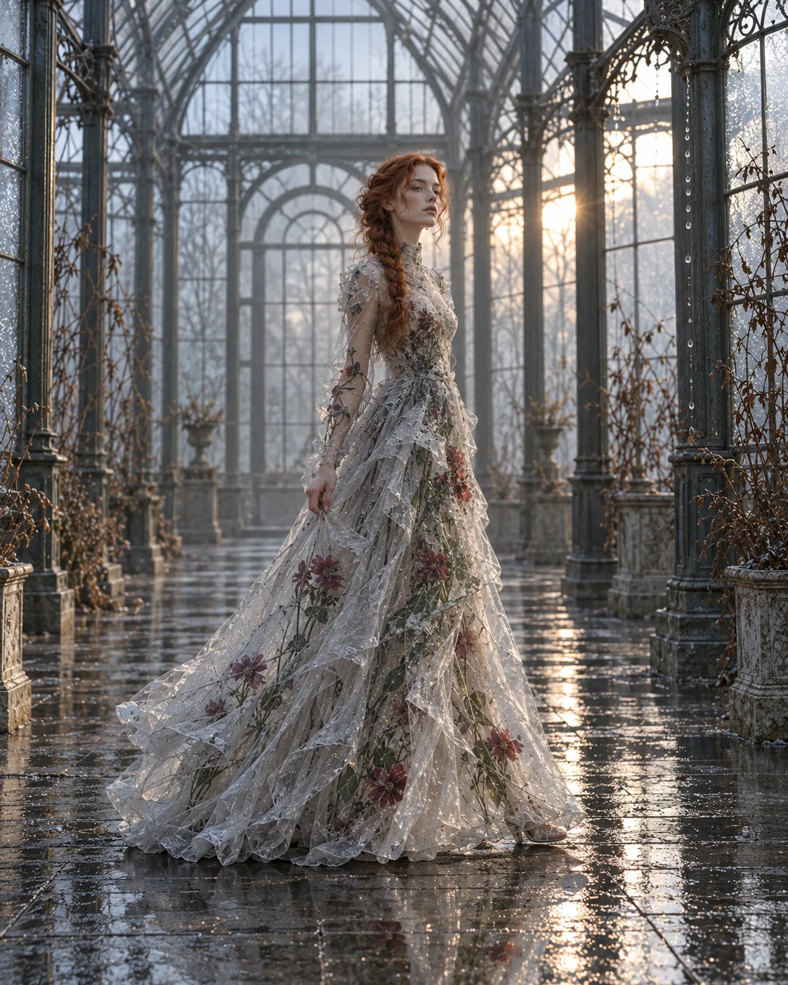 Full-length portrait in a floral gown inside a glasshouse