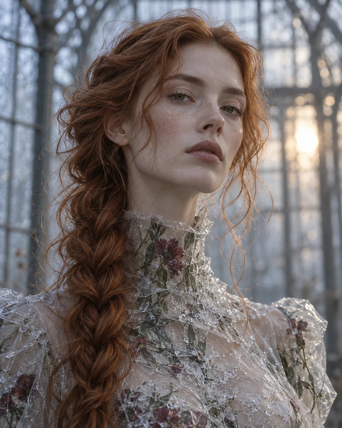 Close portrait of a red-haired woman in a floral dress