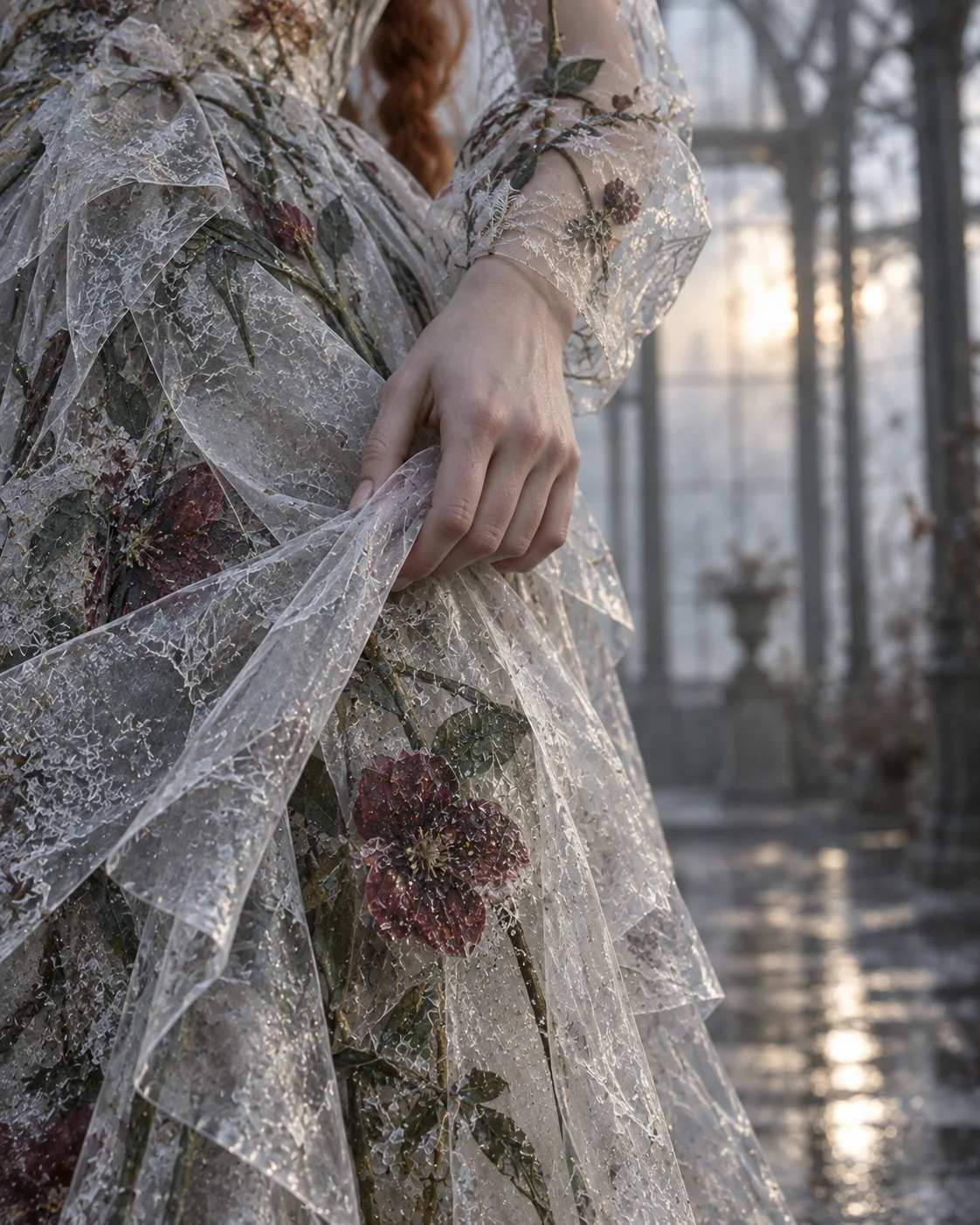 Detail of embroidered floral dress and lace