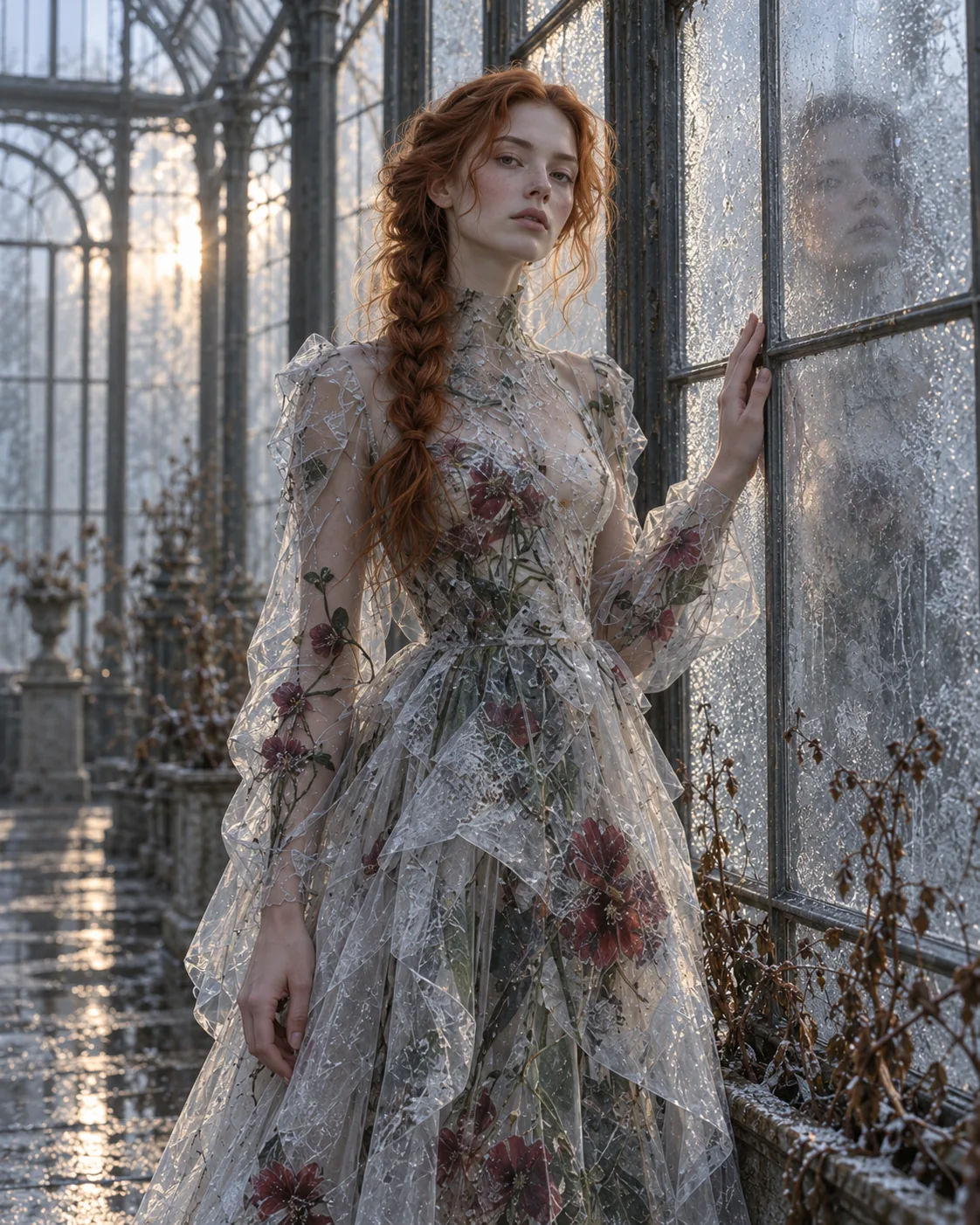 Woman in a floral gown by glasshouse windows
