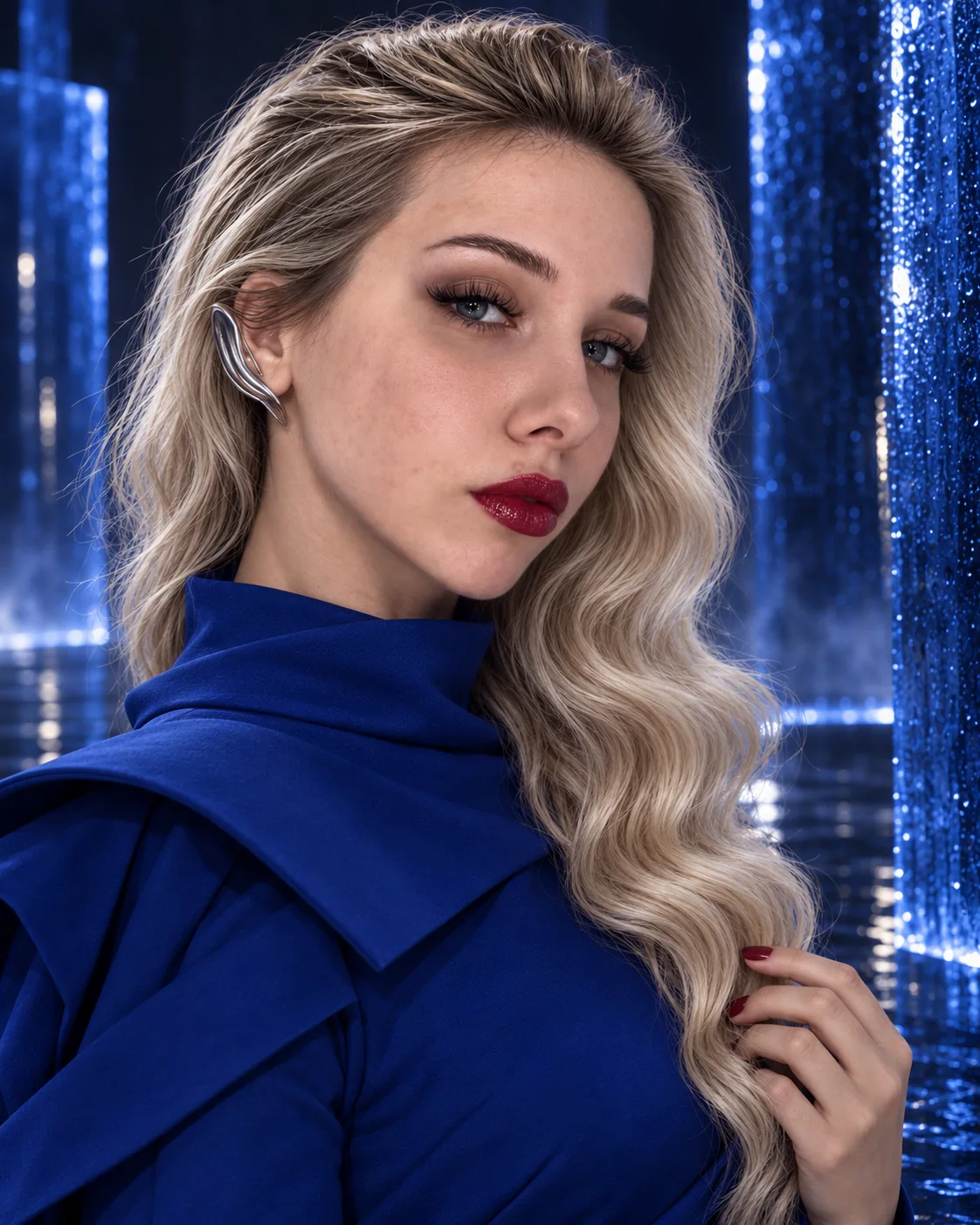 Close portrait with blond waves and cobalt lighting