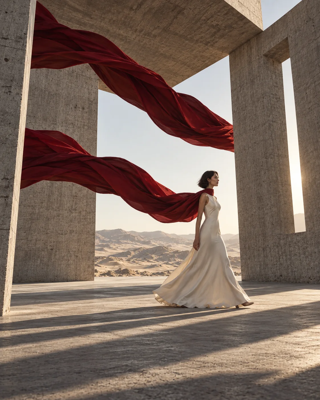 Wide desert composition with flowing red fabric