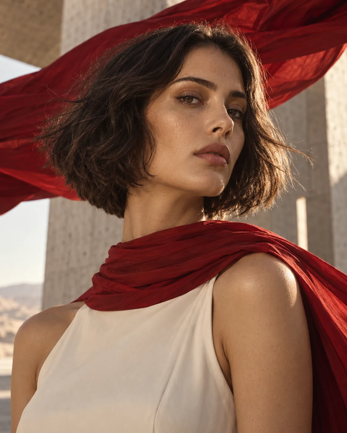 Close portrait framed by red silk and warm stone
