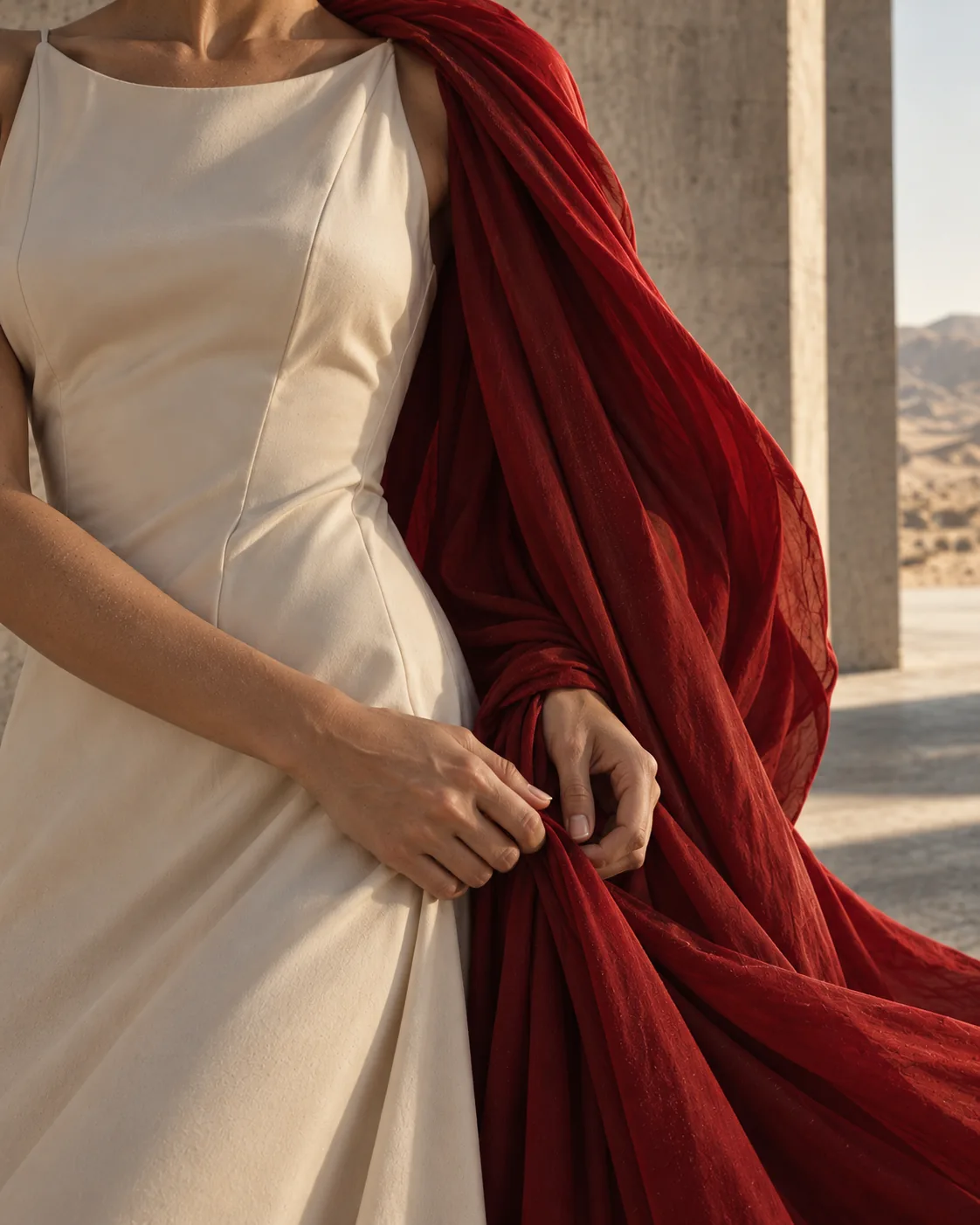 Detail of a cream dress and scarlet fabric