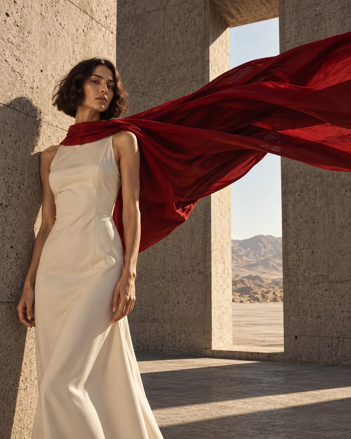 Woman in white beneath desert architecture as scarlet fabric flies