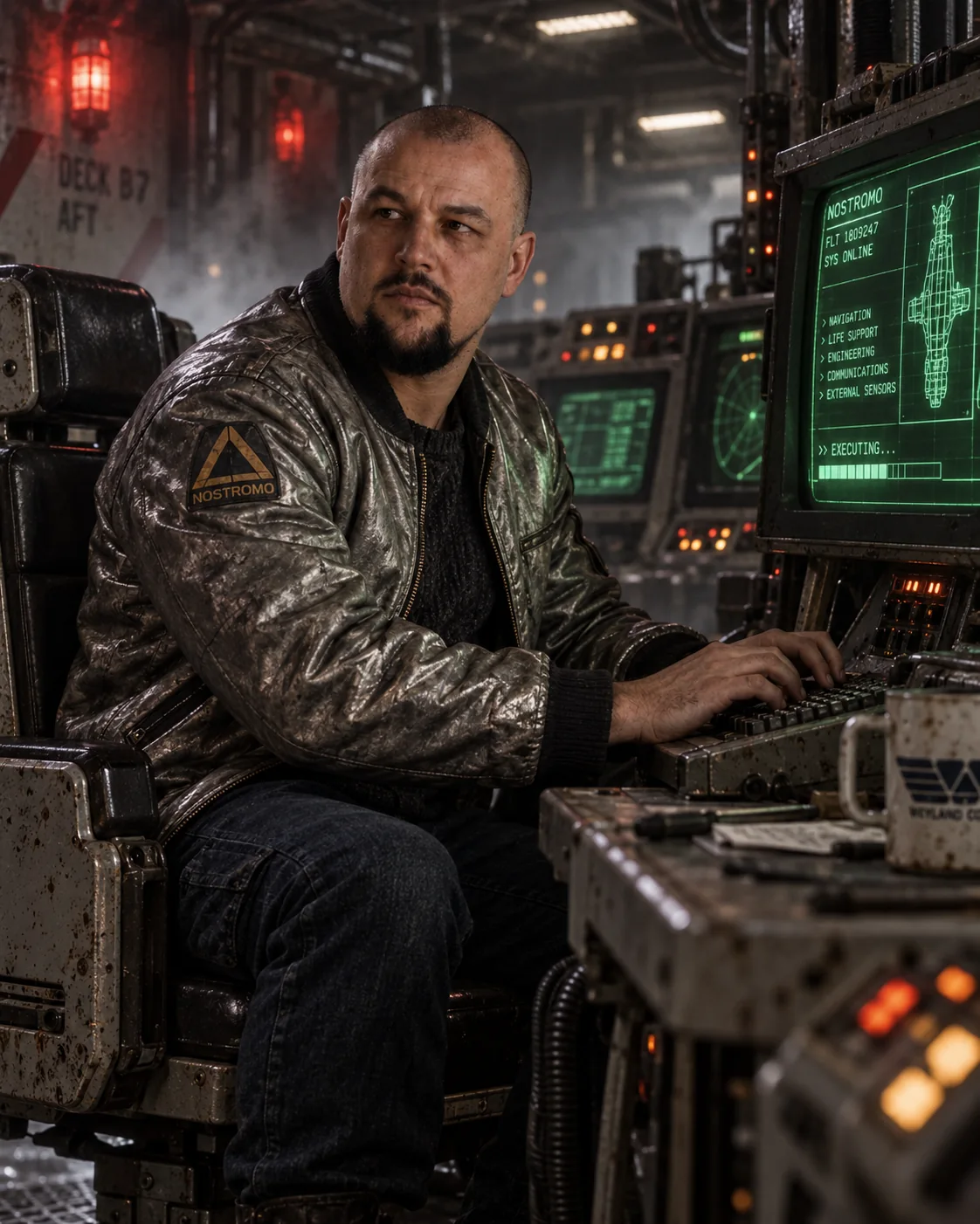 Same character at a spacecraft control station