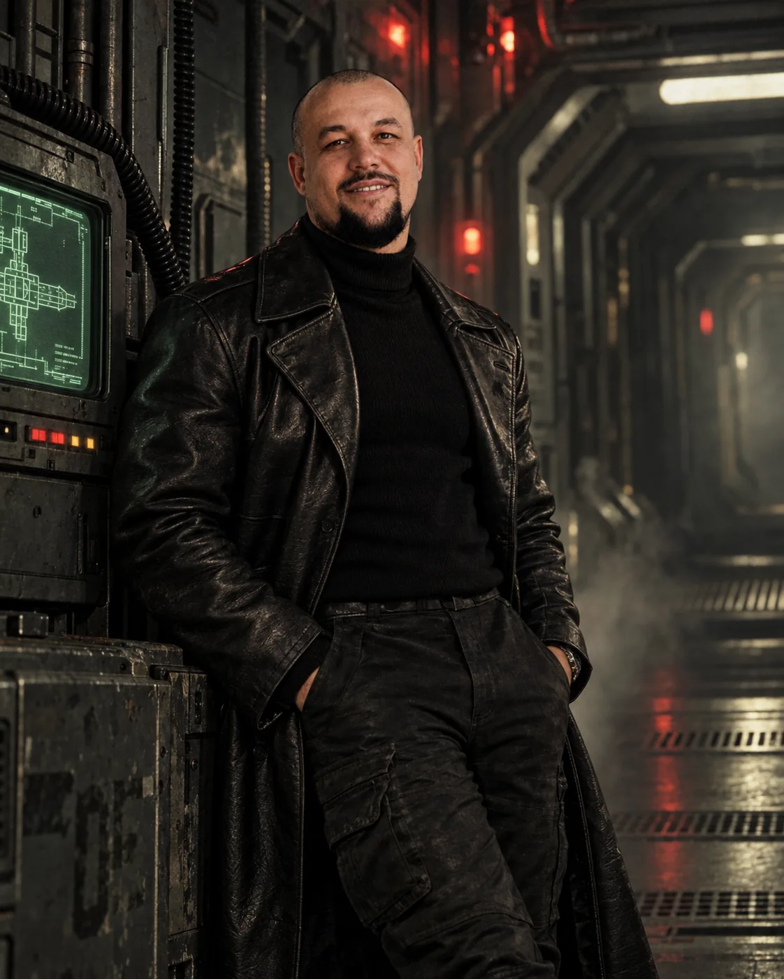 Same character in black wardrobe in a corridor