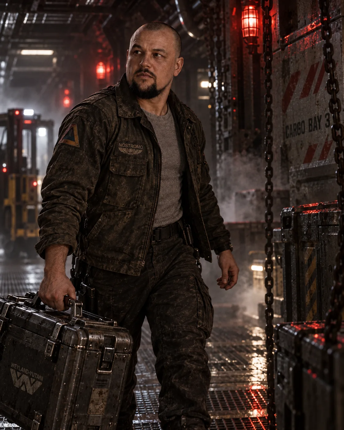 Same character carrying a case through a spacecraft