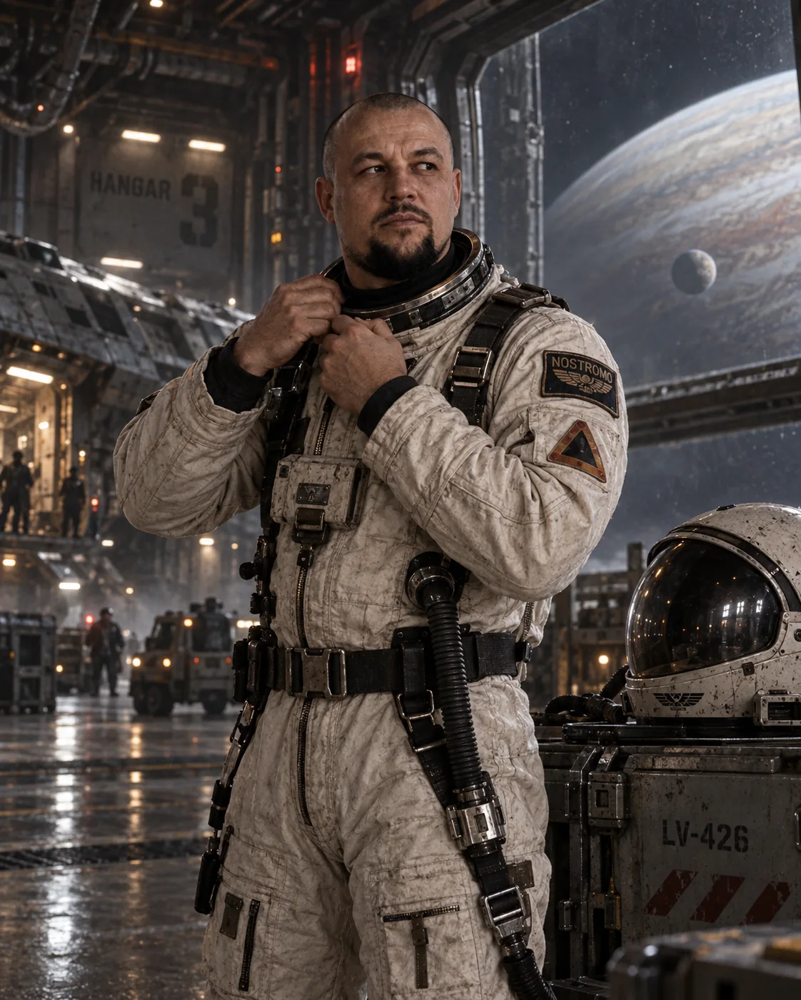 Character in an astronaut suit inside a spacecraft