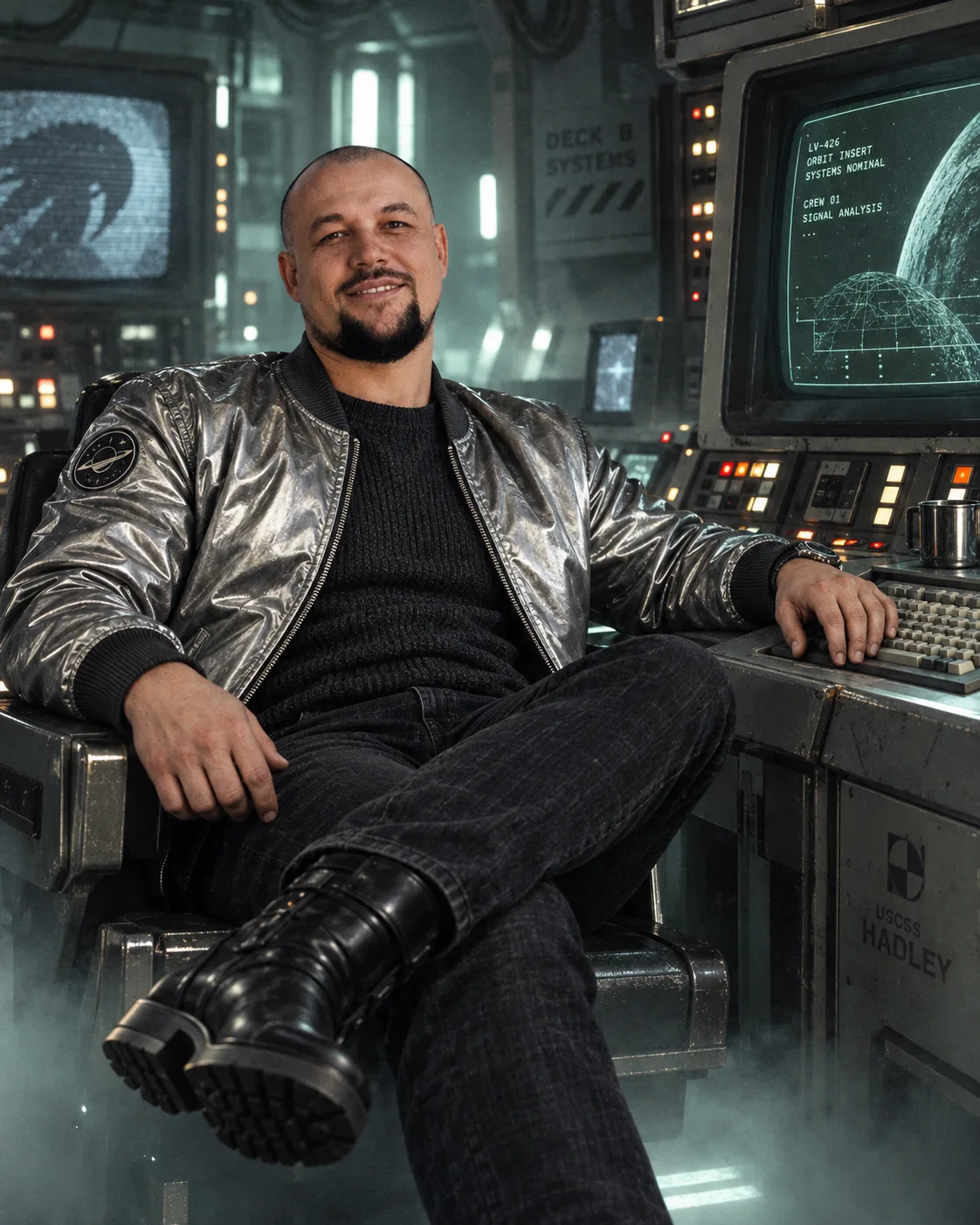 Same character seated near a spacecraft console