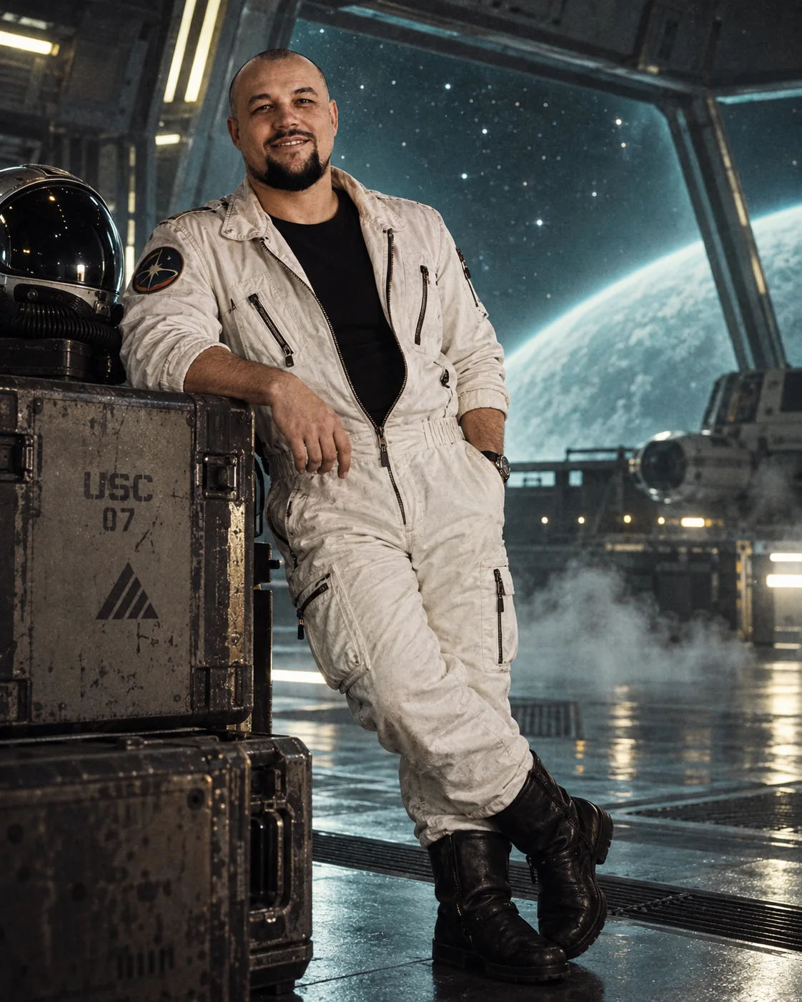 Same character before a planetary view