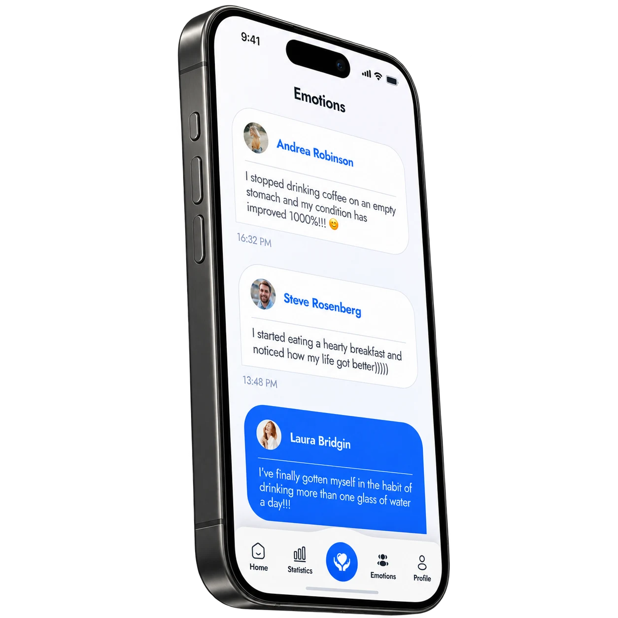 Emotions feed on a graphite iPhone in three-quarter perspective