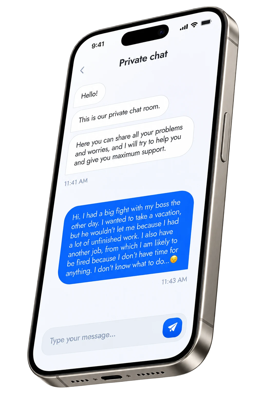 Private chat in a 3D iPhone perspective mockup