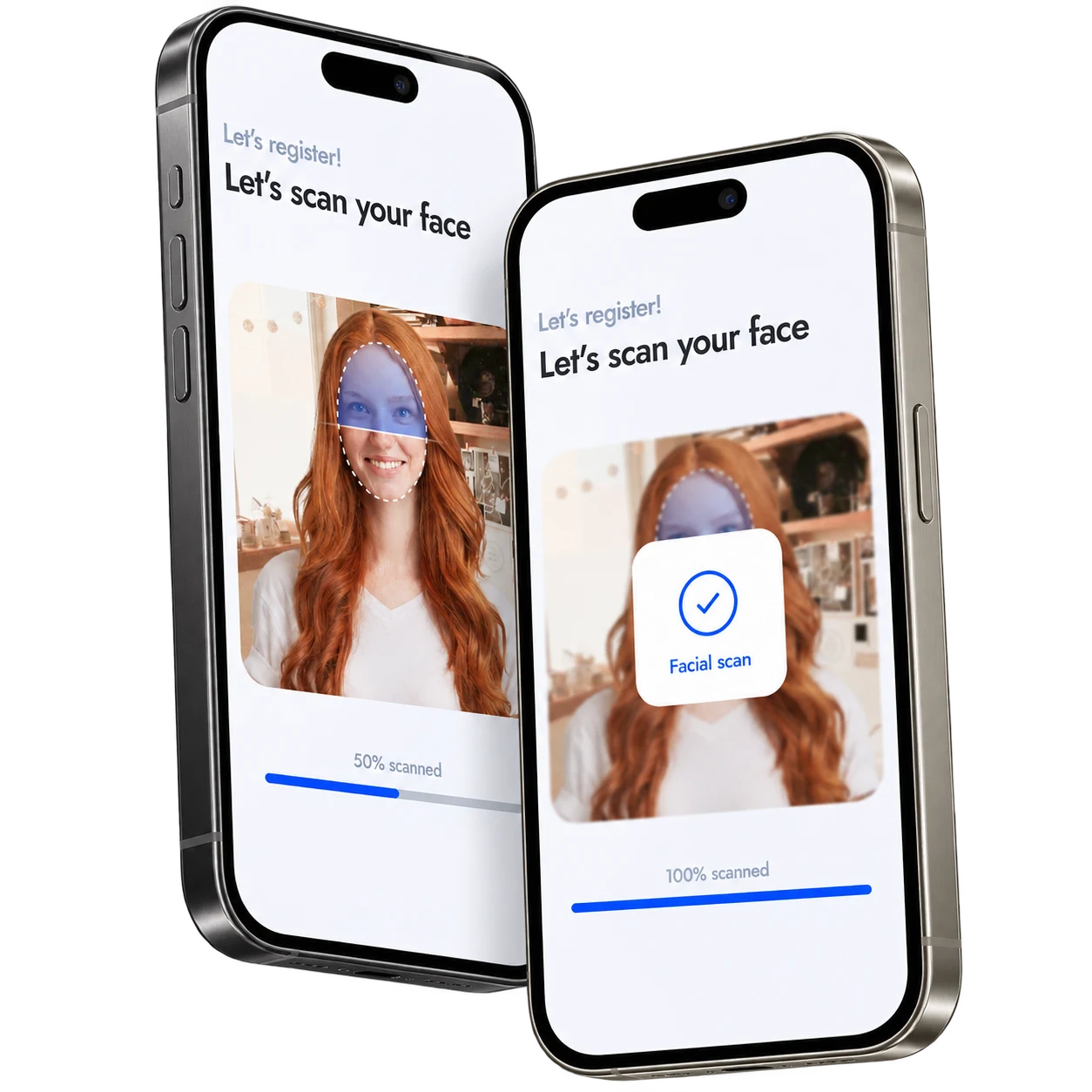Two overlapping 3D iPhone mockups showing face scan progress and completion