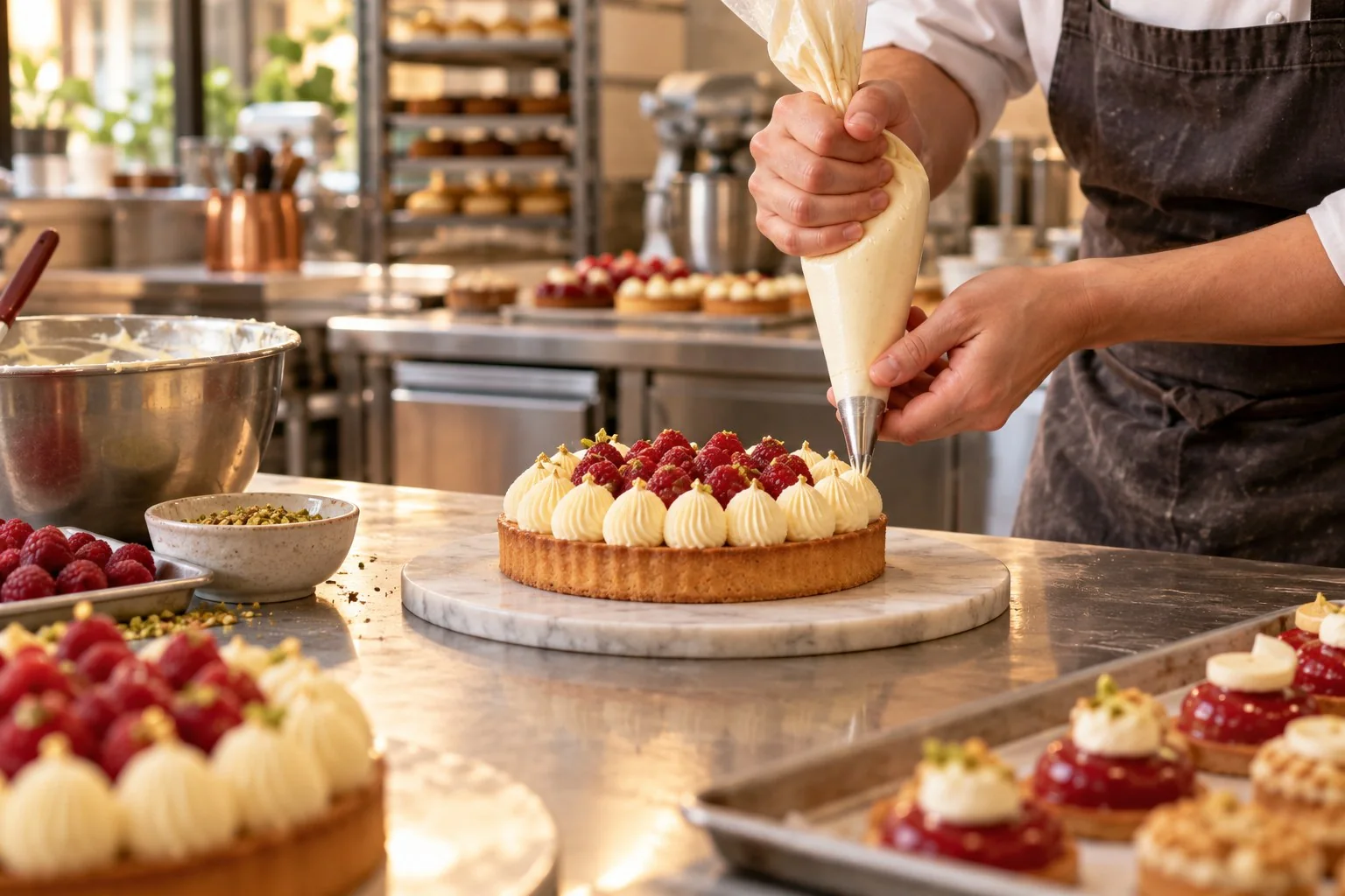 Pastry chef finishing a dessert in the kitchen