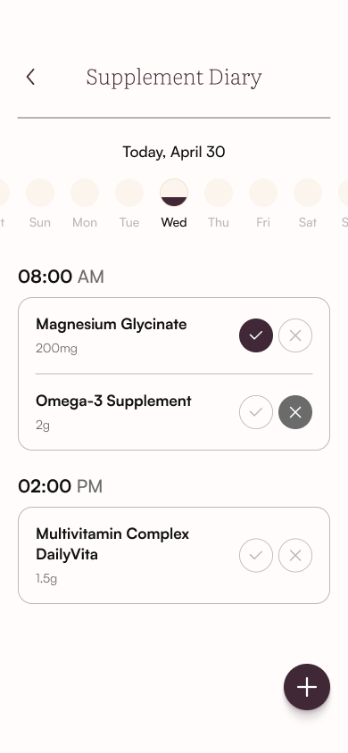 Supplement diary with calendar and daily entries