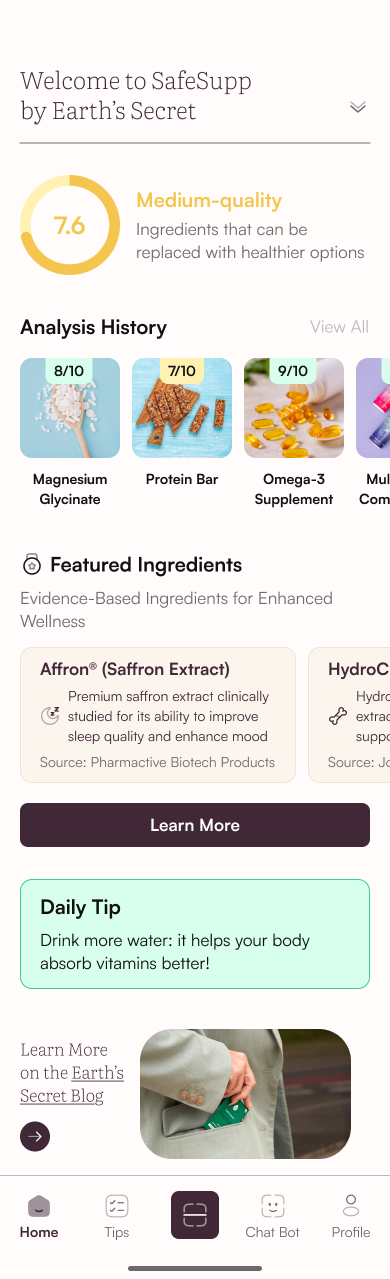 SafeSupp home with analysis history and featured ingredients