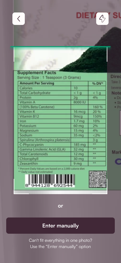 Supplement label in the SafeSupp scanner