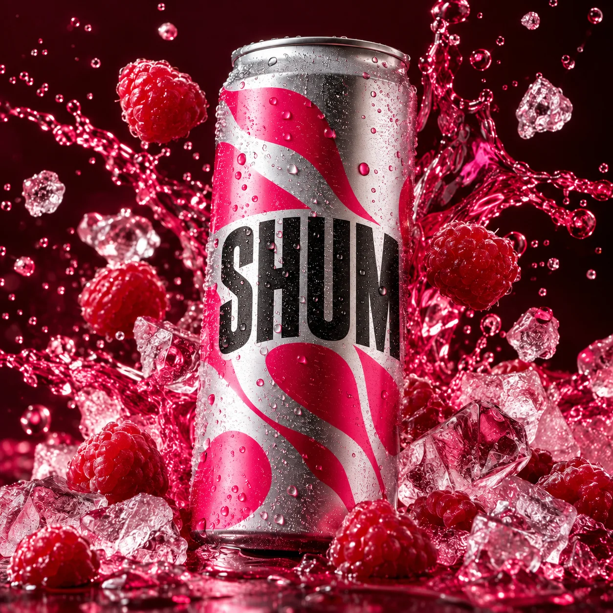 Raspberry soda can in a vivid berry splash