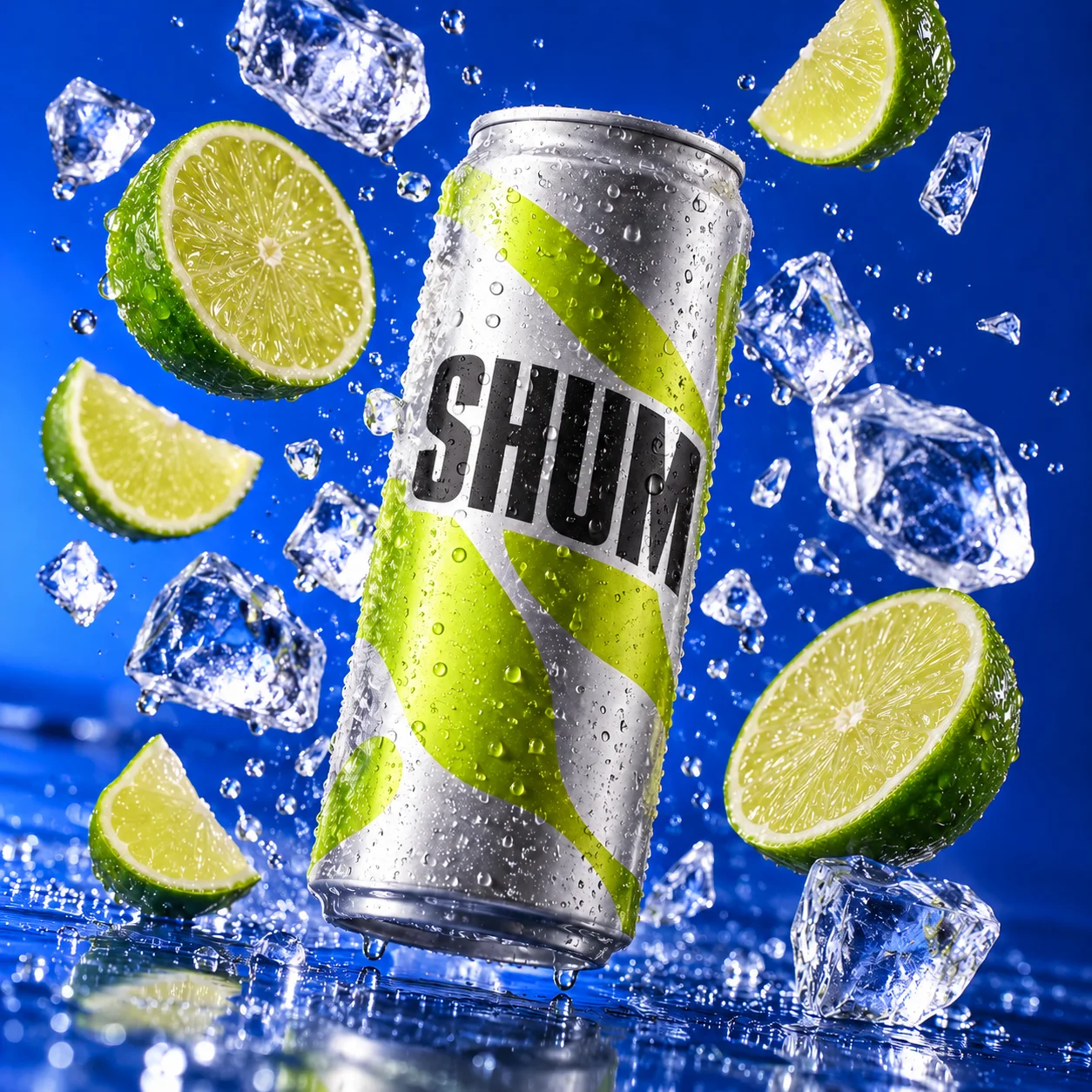 Icy lime soda can with floating lime and ice