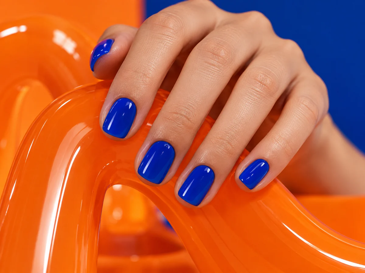 Electric blue manicure against an orange background