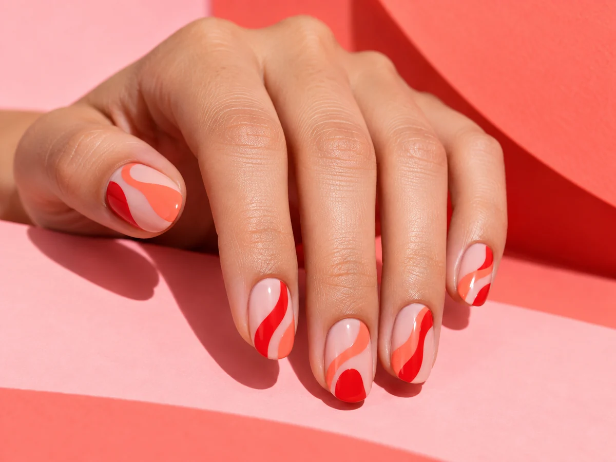 Coral and red waves painted on nails