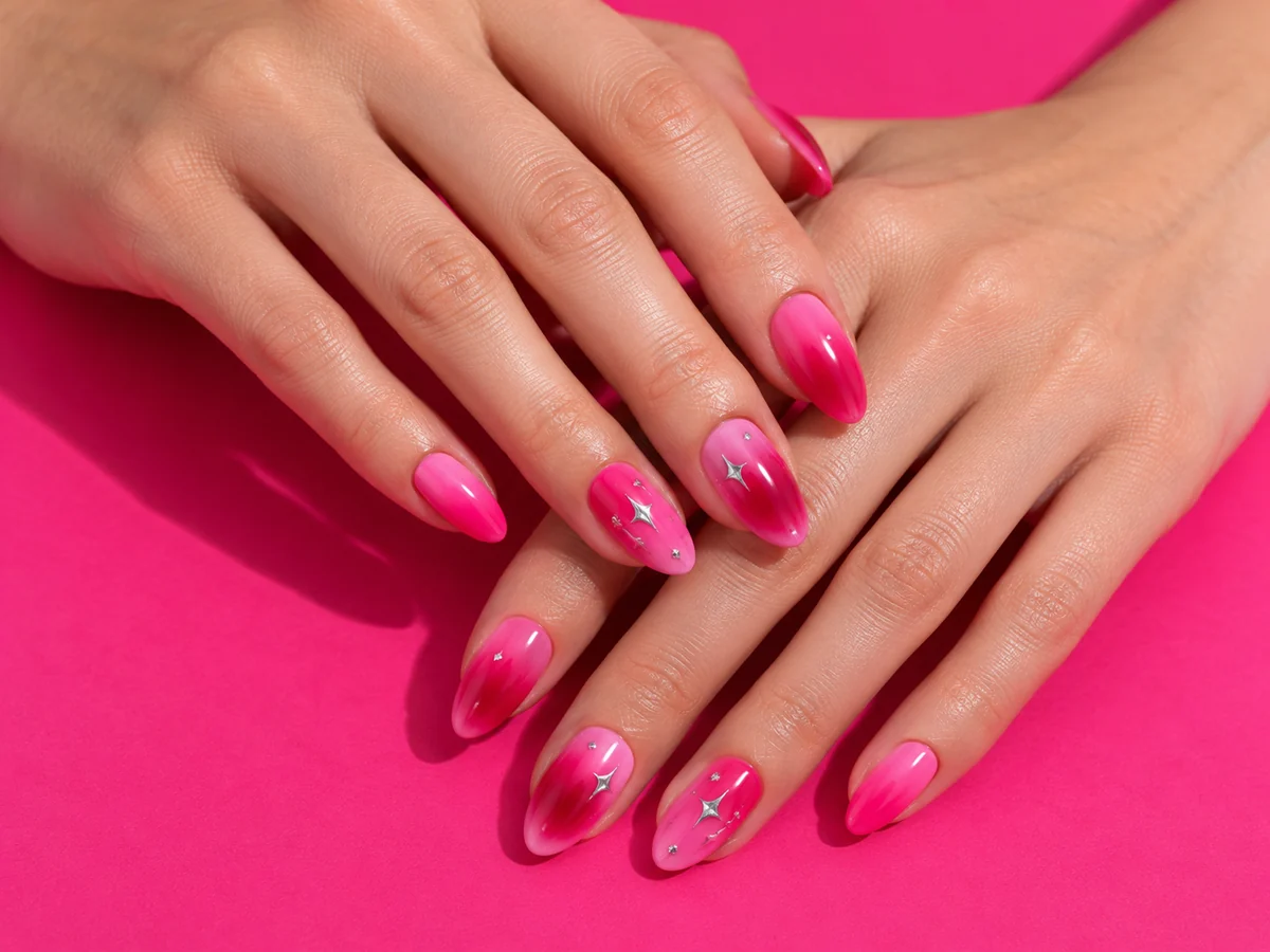 Pink gradient manicure with tiny stars