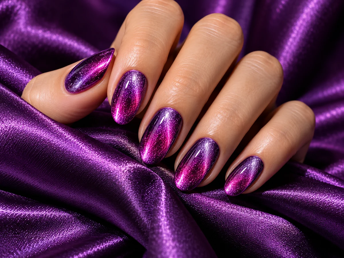 Shimmering violet nails against satin