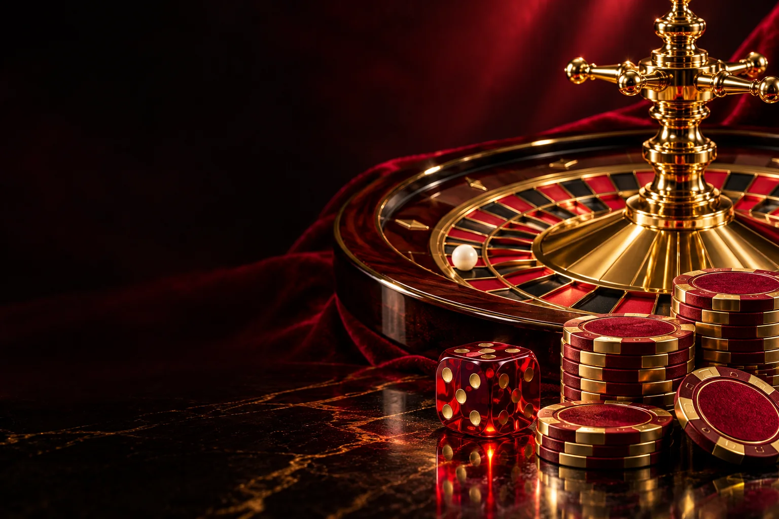 Gold roulette wheel with red dice and casino chips