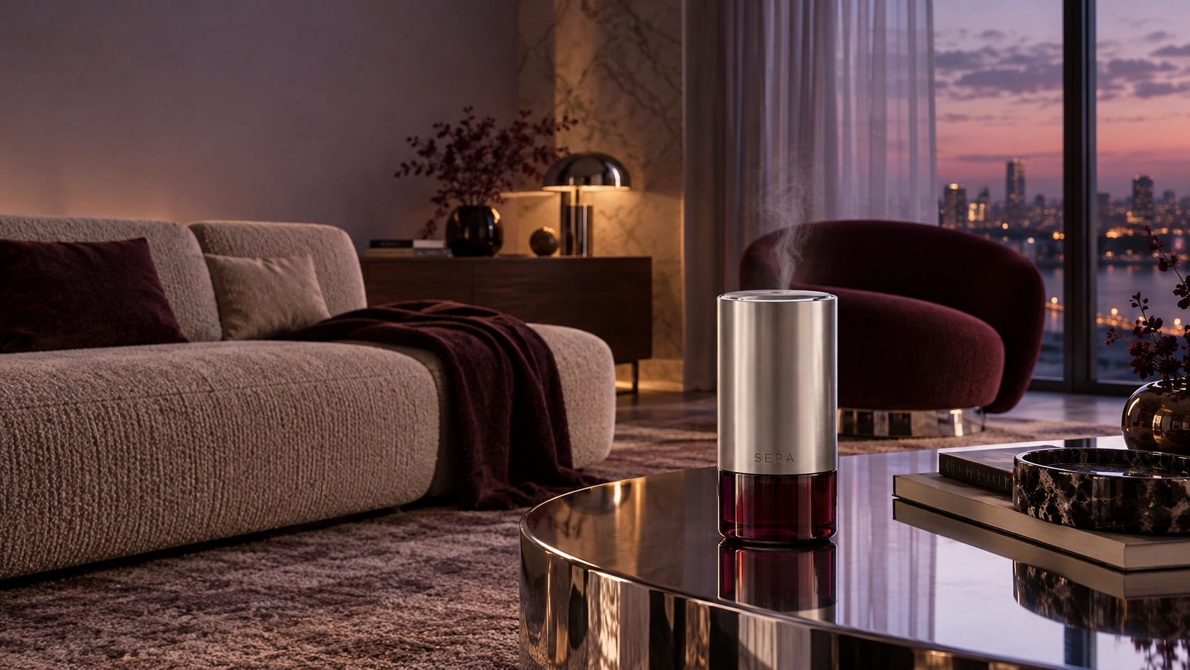 The SERA device on a chrome table in a quiet living room at dusk